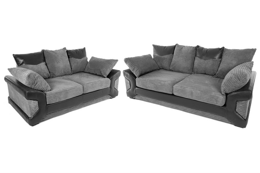 Dino 3+2 Seater Sofa Set Grey Fabric Black Leather