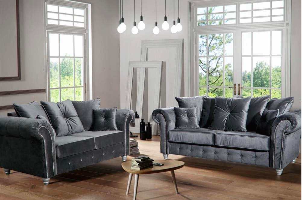 Olympia 3+2 Plush Velvet Grey Fabric sofa set Chesterfield style