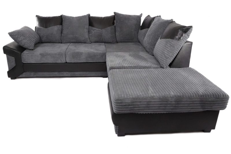 Dino LH/RH Corner sofa Grey cord fabric black faux leather