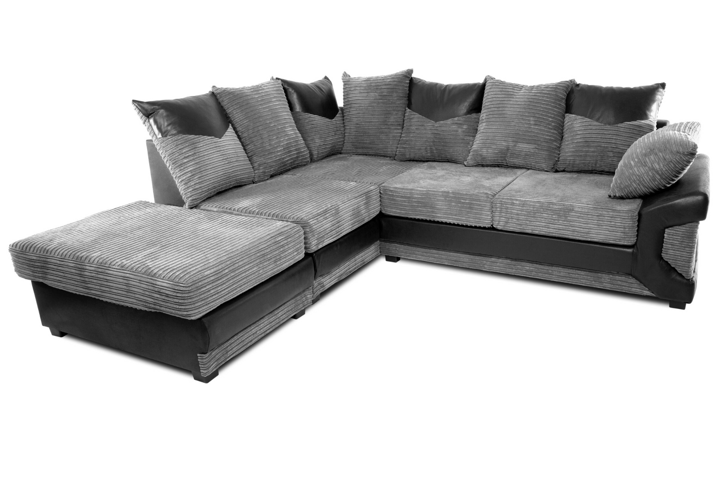 Dino LH/RH Corner sofa Grey cord fabric black faux leather