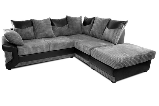 Dino LH/RH Corner sofa Grey cord fabric black faux leather