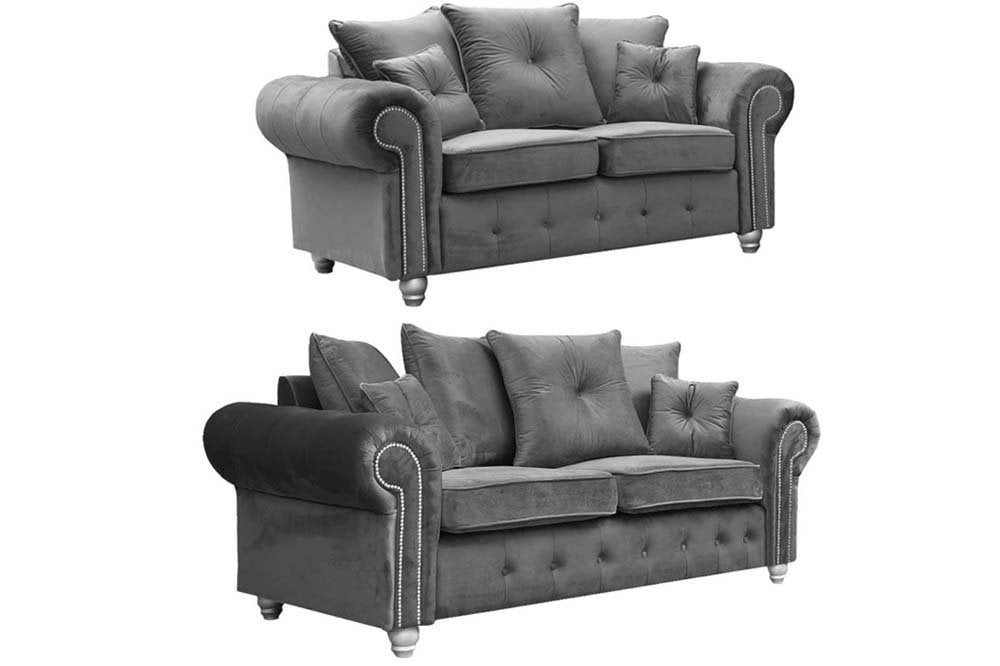 Olympia 3+2 Plush Velvet Grey Fabric sofa set Chesterfield style