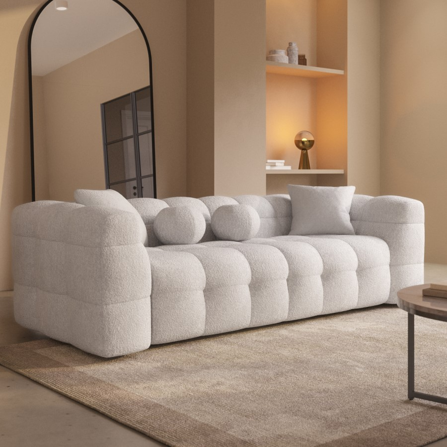 Cream Bouclé 3-Seater Curved Living Room Sofa