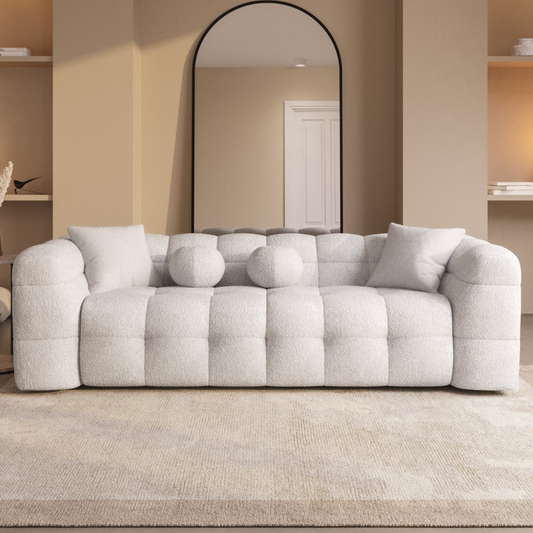 Cream Bouclé 3-Seater Curved Living Room Sofa